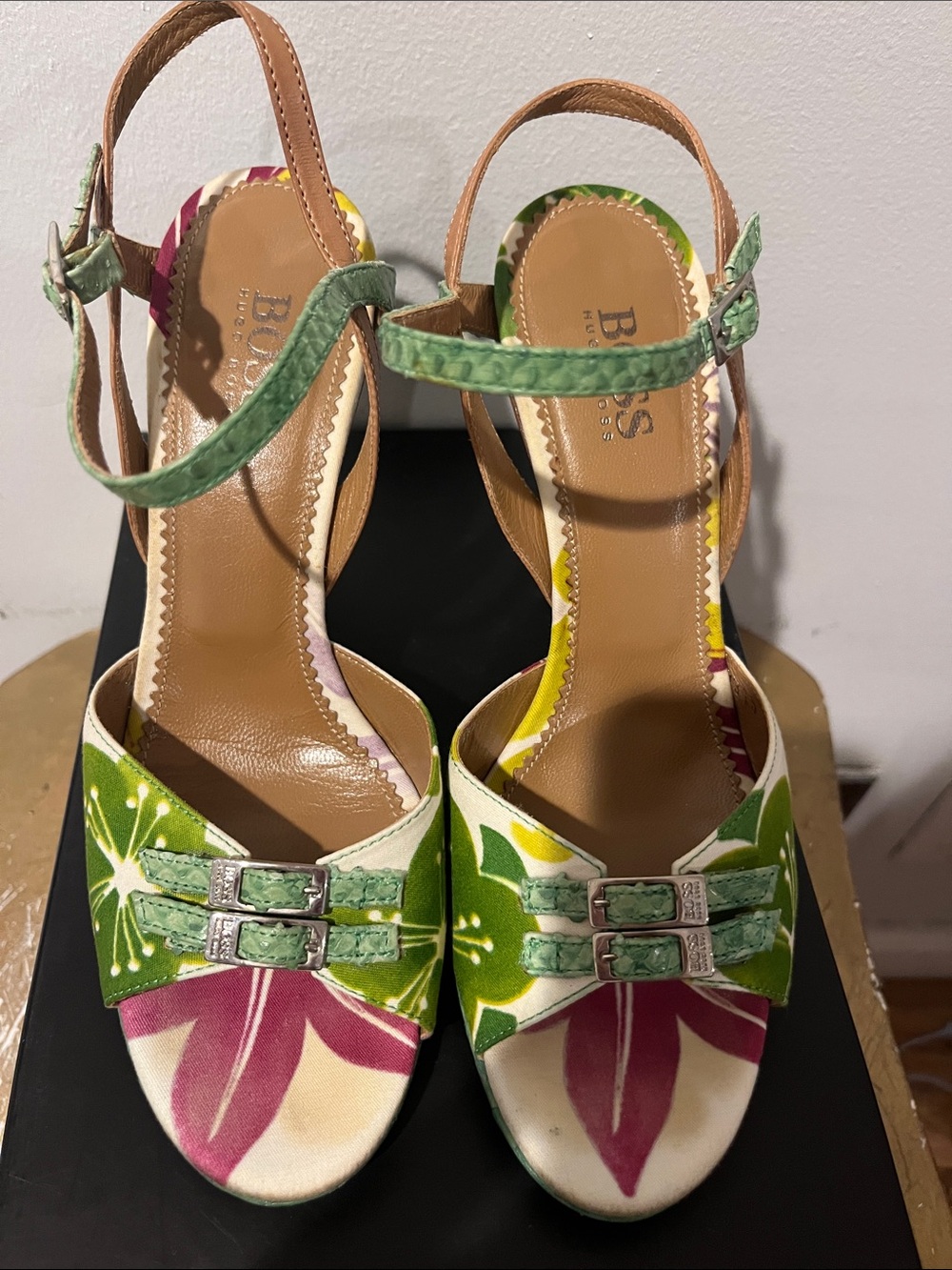 Hugo Boss Floral Ankle-Strap Heeled Sandals in Green and Pink